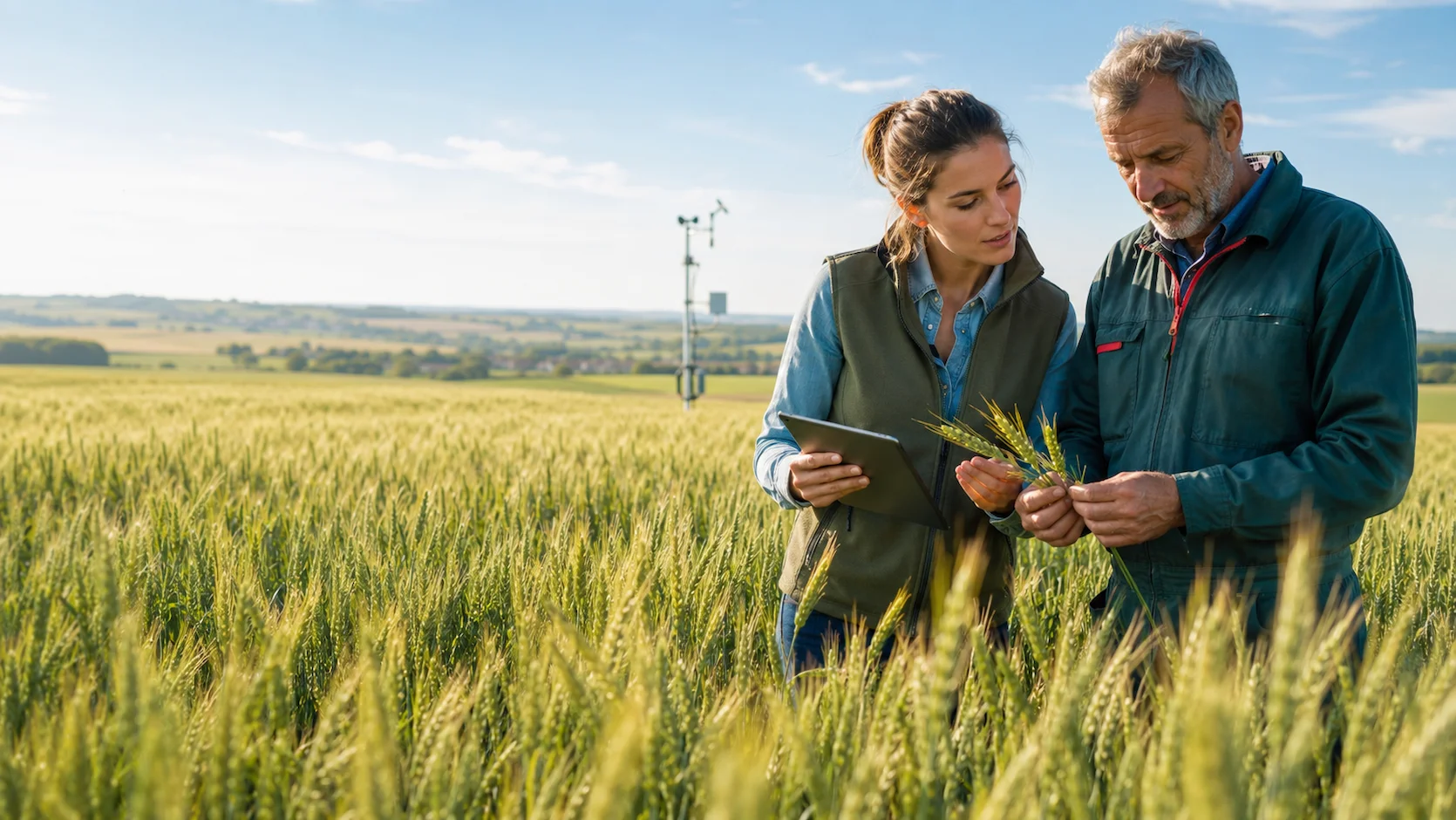 Test d'orientation technicien agricole : conseillère agronomique analysant des épis de blé avec un agriculteur dans un grand champ de céréales en France