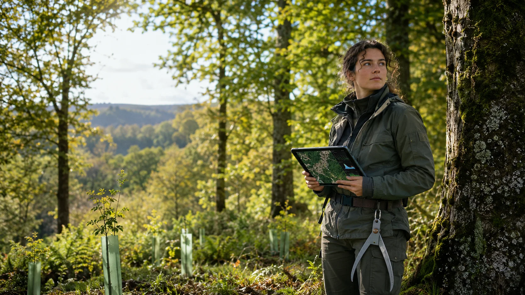 Test d'orientation technicien forestier : professionnel de la gestion des forêts marquant des arbres et analysant la biodiversité sylvicole