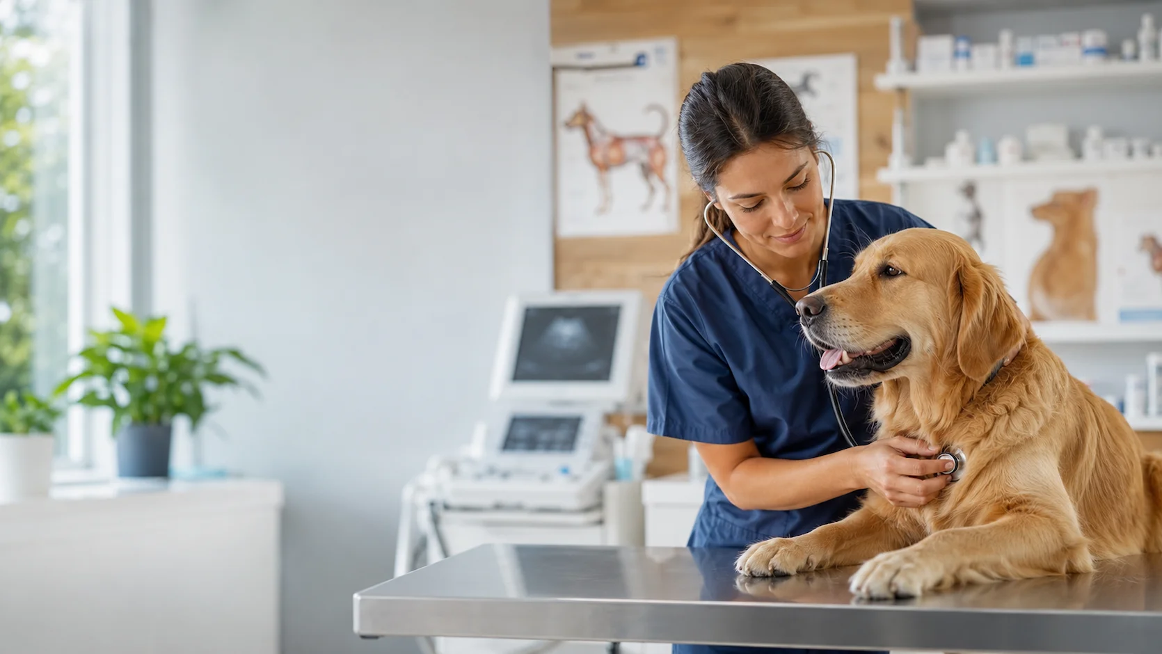 Test d'orientation Vétérinaire : vétérinaire examinant un chien en consultation dans une clinique vétérinaire moderne